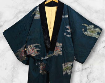 Kimono japonés con estampado abstracto verde, chaqueta acolchada de invierno cálida, abrigo Noragi, cárdigan, bata tipo kimono de manga corta