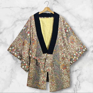 Japanese Kimono Brown Flower Pattern Hanten Padded Warm Winter Jacket Noragi Coat Cardigan Kimono Robe Short Sleeve