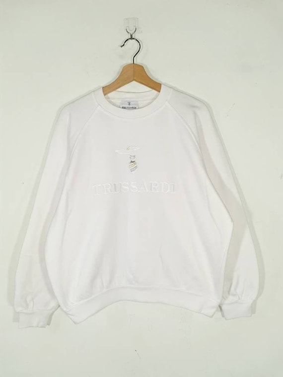 Trussardi, Rare!! Trussardi Crewneck Embroidery Big Logo White Pullover Vintage Sweatshirt | Sweater | Jumper | Cardigan Size M