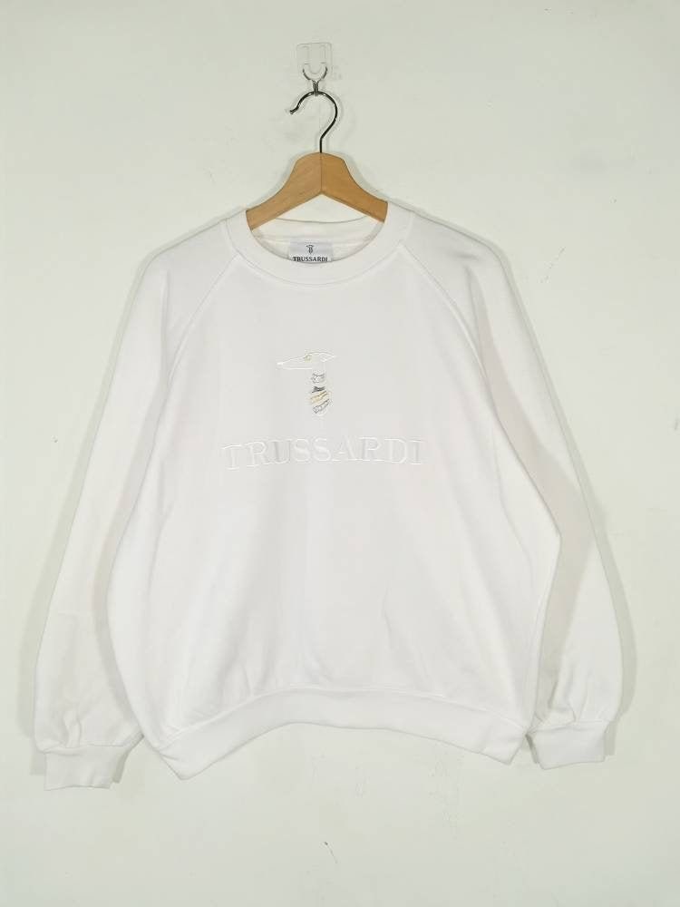 Trussardi, Rare!! Trussardi Crewneck Embroidery Big Logo White Pullover Vintage Sweatshirt | Sweater | Jumper | Cardigan Size M