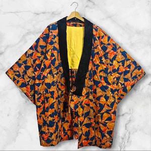 Japanese Kimono Blue Abstract Pattern Hanten Padded Warm Winter Jacket Noragi Coat Cardigan Kimono Robe Short Sleeve