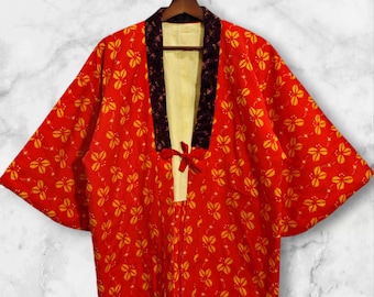 Japanese Kimono Orange Flower Pattern Hanten Padded Warm Winter Jacket Noragi Coat Cardigan Kimono Robe Short Sleeve