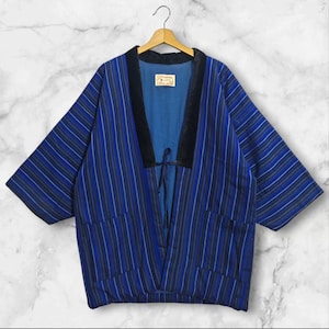 Japanese Kimono Blue Abstract Pattern Hanten Padded Warm Winter Jacket Noragi Coat Cardigan Kimono Robe Short Sleeve