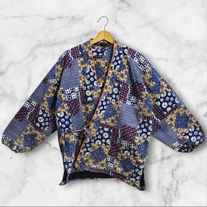 Japanese Kimono Blue Abstract Pattern Hanten Padded Warm Winter Jacket Noragi Coat Cardigan Kimono Robe Short Sleeve