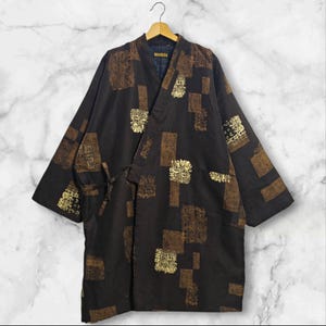 Japanese Kimono Brown Abstract Pattern Hanten Padded Warm Winter Jacket Noragi Coat Cardigan Kimono Robe Short Sleeve