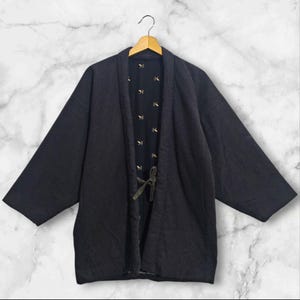Japanese Kimono Grey Abstract Pattern Hanten Padded Warm Winter Jacket Noragi Coat Cardigan Kimono Robe Short Sleeve