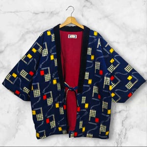 Japanese Kimono Blue Abstract Pattern Hanten Padded Warm Winter Jacket Noragi Coat Cardigan Kimono Robe Short Sleeve