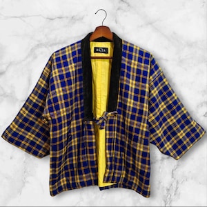 Japanischer Kimono Blau Kariert Muster Hanten Gepolsterte Warme Winterjacke Noragi Mantel Strickjacke Kimono Robe Kurzarm