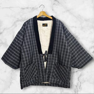Japanese Kimono Grey Abstract Pattern Hanten Padded Warm Winter Jacket Noragi Coat Cardigan Kimono Robe Short Sleeve