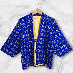 Japanese Kimono Blue Abstract Pattern Hanten Padded Warm Winter Jacket Noragi Coat Cardigan Kimono Robe Short Sleeve
