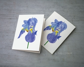 Blue Iris All-Occasion Card, Blue Watercolour Card, Card Pack of 3,Blank Card Pack with Envelopes, 5x7" Greeting Card, Greeting Card for Her