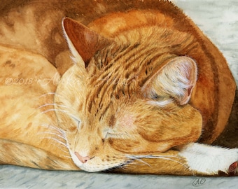 Ingwer Katze Aquarell Print – Orange Tabby Schlafende Kunst