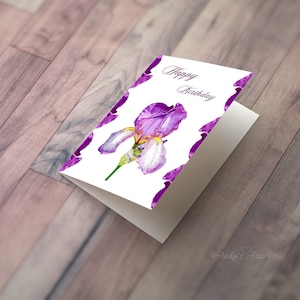 LILA IRIS Geburtstagskarte, All-Occasion Karte, gefaltete vertikale Karte, alles Gute zum Geburtstag, botanische Karte, lila Iris-Blumenkarte