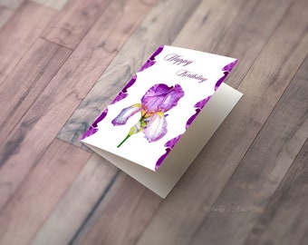PURPLE IRIS Birthday Card, All-Occasion Card, Folded Vertical Card, Happy Birthday Card,  Botanical Card, Purple Iris Flower Card