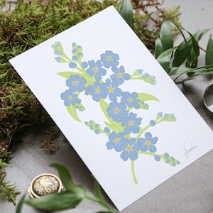 FORGET ME NOT Grußkarte, All-Occasion Karte, Blaue Frühlingsblume, Botanische Kunst, Blanko gefaltete Karte, Fine Art Karte, Grußkarte für Sie.
