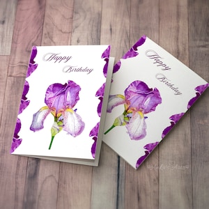 Paarse Iris verjaardagskaartpakket, kaartenpakket met enveloppen, botanische kaarten, paars bloemkaartpakket, Iris vouwkaart