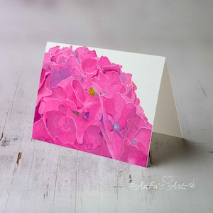 Carte de voeux hortensia rose, carte pour toutes les occasions, carte horizontale pliée, carte de fleur rose, carte de voeux vierge, carte de fleur aquarelle
