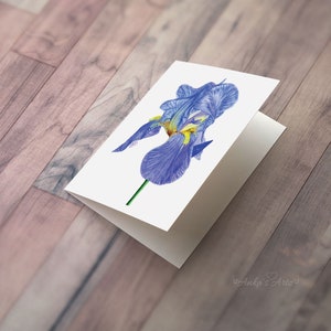 Carte de voeux aquarelle BLUE IRIS, carte pour toutes les occasions, carte pliée vierge florale, carte fleur bleue, art botanique, carte de voeux pour elle.