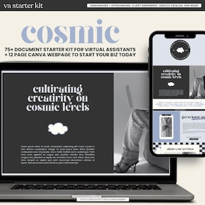 May include: A laptop and smartphone display a virtual assistant starter kit. The laptop screen shows the text "cultivating creativity on cosmic levels." The smartphone displays a webpage with the text "cosmic creative company."