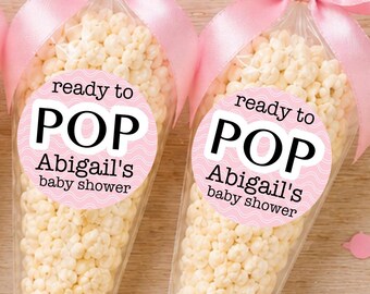 Pegatinas personalizadas para baby shower, recuerdos de palomitas de maíz listas para explotar (rosa)