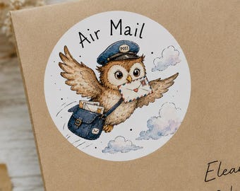 Adesivi con gufo per posta aerea, etichette rotonde "Happy Mail", etichette per buste con gufo carino, adesivi per amici di penna (Cod: 447)