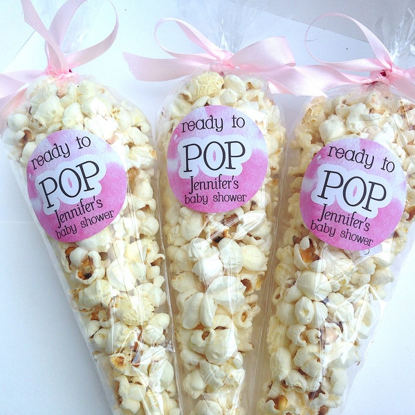 Ready to pop stickers, she's about to pop, baby shower stickers, baby shower favour, popcorn favour stickers, 132 - Pink