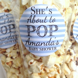 About to pop stickers, she&#39;s about to pop, baby shower stickers, baby shower favour, popcorn favour stickers, 032 - Blue