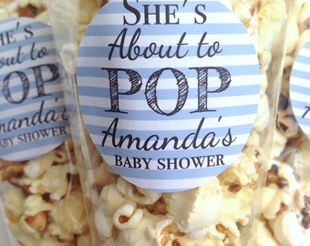 About to pop stickers, she's about to pop, baby shower stickers, baby shower favour, popcorn favour stickers, 032 - Blue