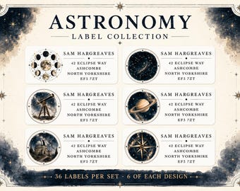 Astronomy Return Address Labels, Personalised Celestial Address Stickers, Moon Phases Saturn Telescope Night Sky Labels (Ref: 453-)