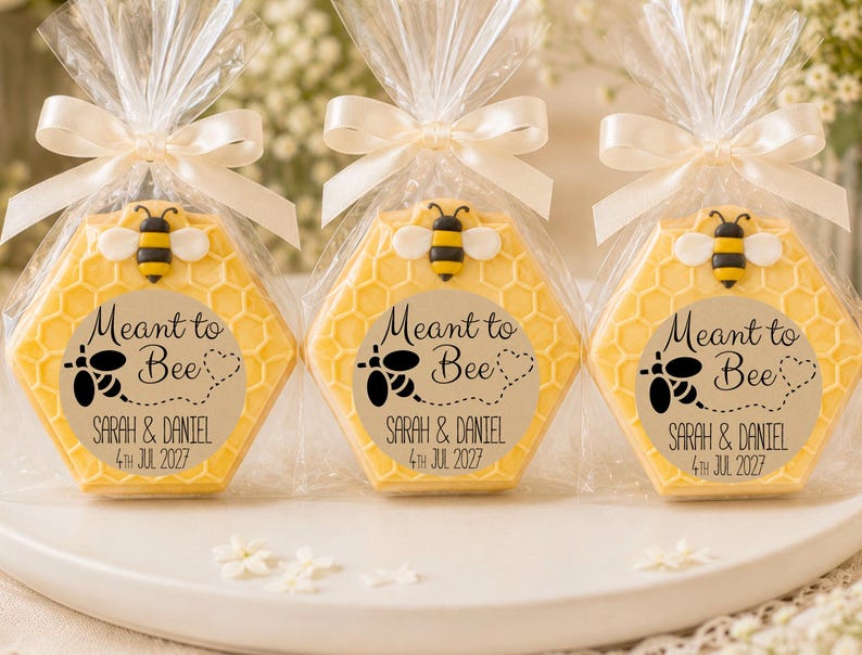 May include: Three hexagonal yellow soaps shaped like honeycombs, each topped with a small bee figure. They are wrapped in clear plastic with a white ribbon and a circular label reading Meant to Bee, Sarah & Daniel, 4th Jul 2027.