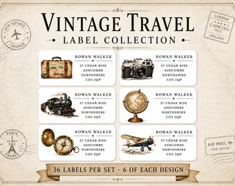 Vintage Travel Return Address Labels, Personalised Address Stickers, Wanderlust Labels(Ref: 453-)