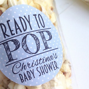 Ready to pop stickers, baby shower favour stickers, she&#39;s about to pop stickers, personalised baby shower stickers, 120 Blue