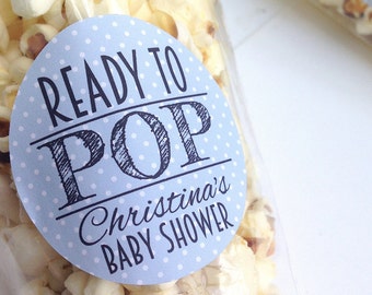 Ready to pop stickers, baby shower favour stickers, she's about to pop stickers, personalised baby shower stickers, 120 Blue