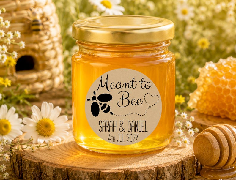 May include: A clear glass jar filled with golden honey, featuring a round beige label with a black bee graphic, a heart outline, and the text Meant to Bee, Sarah & Daniel, and 4th Jul 2027. The jar has a metallic gold lid and sits on a wood slice.