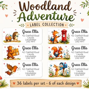 May include: A collection of rectangular address labels titled Woodland Adventure Label Collection. Each label features a unique woodland animal illustration, including a hedgehog, fox, bear, squirrel, bird, and rabbit, with the name Grace Ellis and address 42 Oakfield Road, Lincoln, Lincolnshire, LN2 4HT.