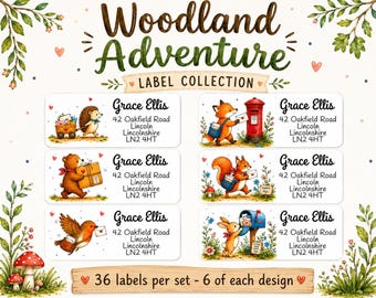 Etiquetas de dirección de retorno con temática de aventuras en el bosque, pegatinas de direcciones con animales del bosque, nombre y dirección personalizados (Ref: 458)