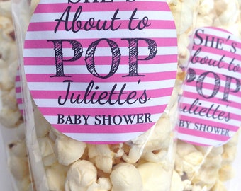 About to pop stickers, she's about to pop, baby shower stickers, baby shower favour, popcorn favour stickers, 031 - Pink