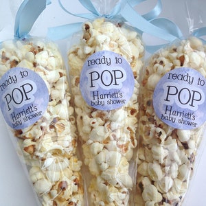 Ready to pop stickers, she&#39;s about to pop, baby shower stickers, baby shower favour, popcorn favour stickers, 132 - Blue