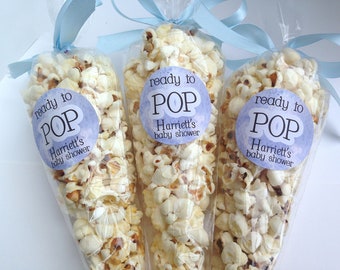 Ready to pop stickers, she's about to pop, baby shower stickers, baby shower favour, popcorn favour stickers, 132 - Blue