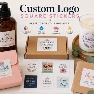 May include: Custom square stickers featuring various brand logos and designs applied to a brown cardboard box, a glass candle jar, a pink gift box, a brown envelope, and a dark amber pump bottle, with a sheet of six additional square stickers.