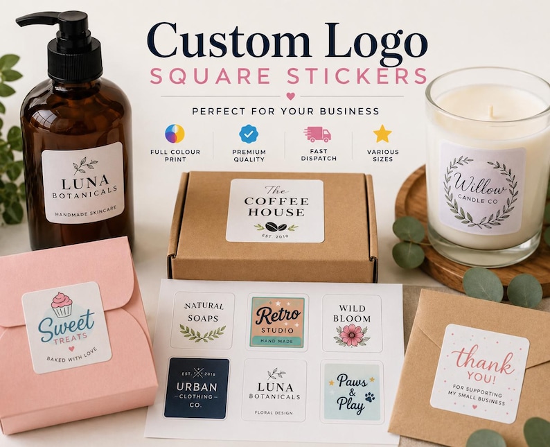 May include: Custom square stickers featuring various brand logos and designs applied to a brown cardboard box, a glass candle jar, a pink gift box, a brown envelope, and a dark amber pump bottle, with a sheet of six additional square stickers.