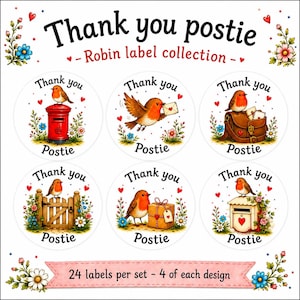 May include: A collection of 24 circular stickers featuring six distinct illustrations of robins with the text Thank you Postie. The designs include robins with a red post box, an envelope, a leather satchel, a wooden gate, a gift, and a mailbox.