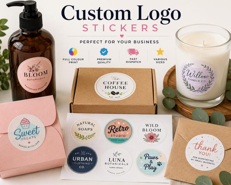 Pu&ograve; includere: Adesivi con logo personalizzato mostrati su una bottiglia marrone, una scatola di cartone, una candela, una scatola rosa e una busta kraft. Un foglio di adesivi presenta vari design circolari con testo tra cui The Coffee House, Natural Soaps, Retro Studio, Wild Bloom, Urban Clothing Co, Luna Botanicals, Paws & Play e Thank You.
