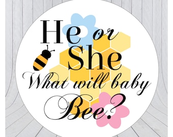Baby Bee Gender Reveal Stickers: He or She, Baby Shower Favour (354)