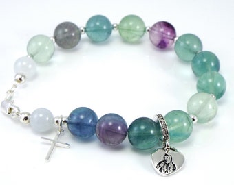 Catholic Rosary Fluorite and Silver Bracelet, Fluorite and Jade beads with 925 Sterling Silver charms. Christian Rosary for fisrt Communion