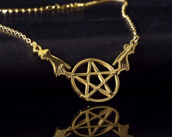 Wiccan necklaces, Witch pendant, Mercury pendant, Pentagram and Moon or Moon and Triquetra, pagan pendant in golden steel or steel color.