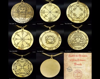 Solomon Talisman Steel Seals of The SUN of King Solomon pentacles, Gold Pentacles of King Solomon with Steel chain, Activation Spell option.