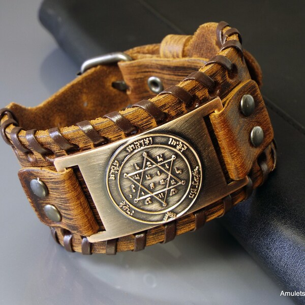 Amulets leather bracelets, Solomon Seals, Tetragrammaton, Archangel Gabriel, Archangel Raphael, 2nd Jupiter Seal bracelet, leather cuff