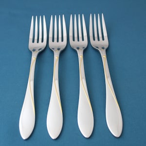 4 Dinner Forks Yamazaki RACEME 18/8 Stainless Gold Accent Japan 7 3/4&quot;