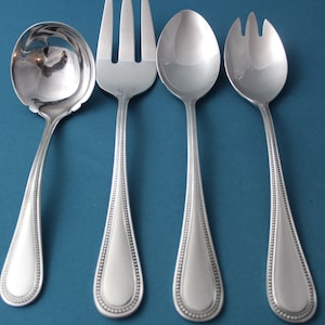 4pc Serving Tablespoon Fork Pierced Spoon Ladle Towle BEADED ANTIQUE Satin 18/8 Germany